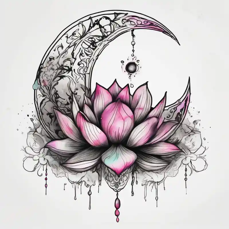 crescent floral moon with lotus flower floral sleeve tattoo